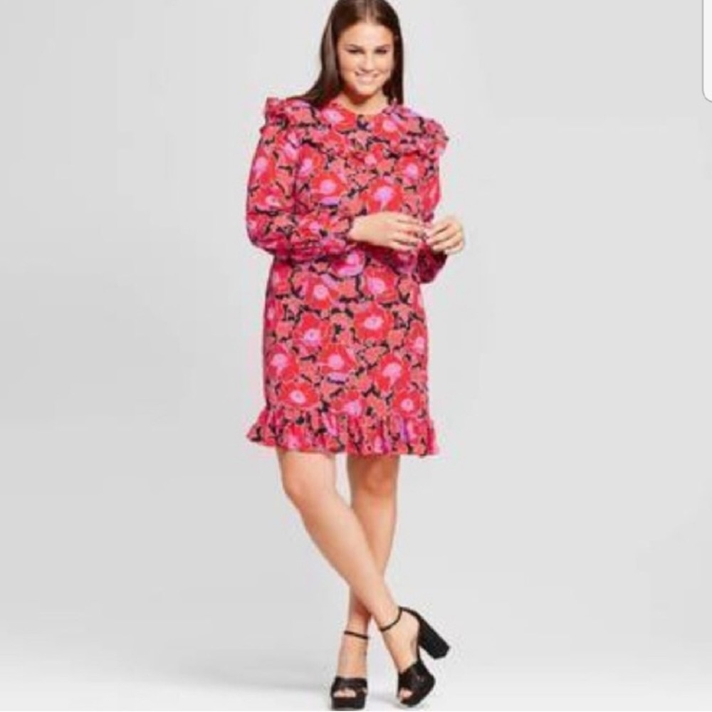 Who What Wear Pink and Black Floral Midi Dress